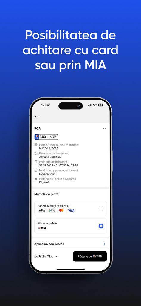Omnis - Asigurări Online - La pantalla de pago de la aplicación Omnis mostrando opciones para tarjeta bancaria y MIA para seguro de coche
