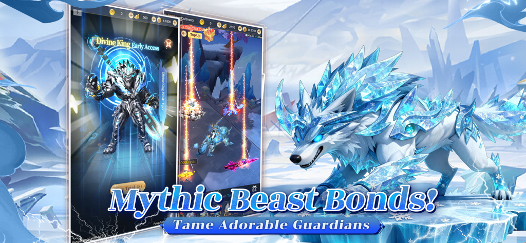 Beast's Creed - Promotional artwork for Beasts Creed showing a mythical ice wolf and gameplay screenshots of the Divine King character