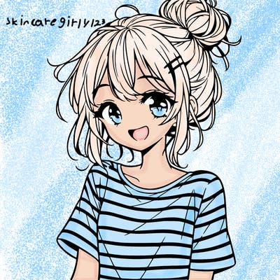 anime girl teenager striped shirt and smile and messy bun
