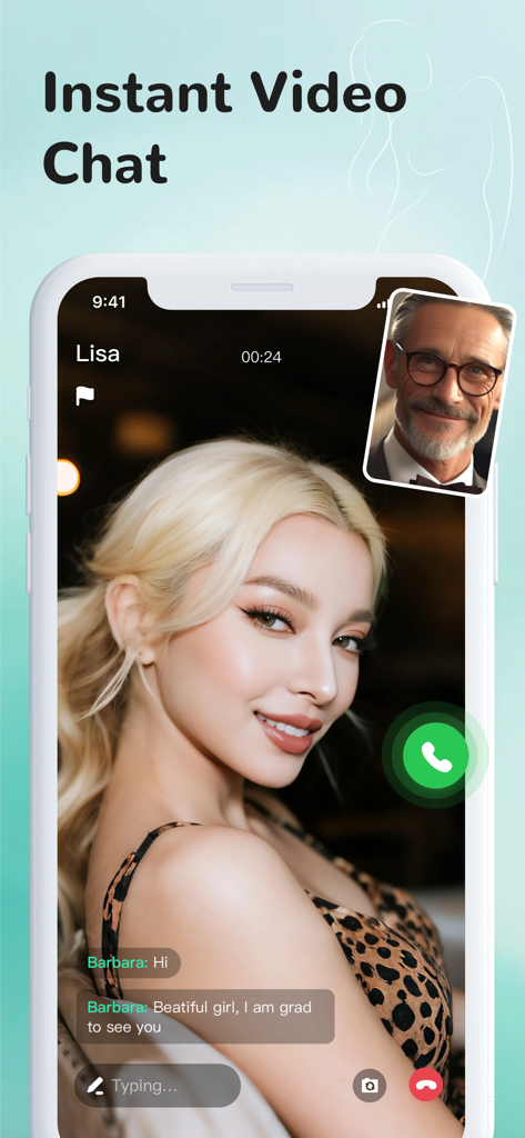 A mobile phone displaying the instant video chat interface on the VPlus BBW dating app.