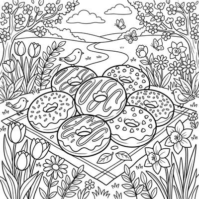 Celebrate the joy of spring with this delightful coloring page featuring an abundance of delicious chocolate doughnuts. Immerse yourself in a sweet scene filled with blooming flowers, chirping birds, and the promise of warmer days.