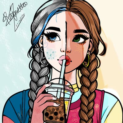 realistic girl with braided hair drinking boba