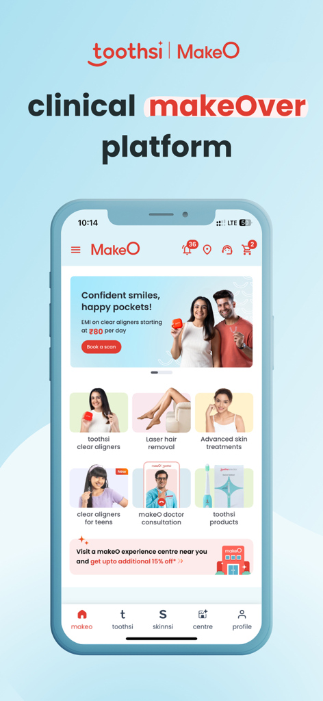 The home screen of the makeO mobile app displaying services for clear aligners, laser hair removal, and skin treatments