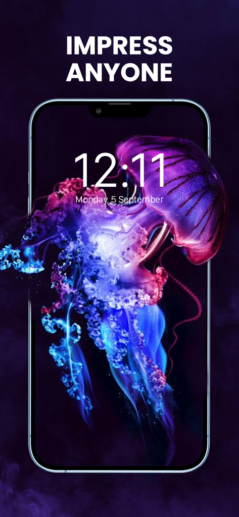 Wallcraft - 4K HD Wallpapers - Un vibrante fondo de pantalla de medusa de neón en la pantalla de bloqueo de un iPhone con el texto Impress Anyone