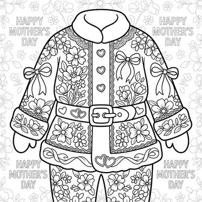 Celebrate Mother's Day with this charming coloring page featuring Santa's suit adorned with intricate floral patterns, lace, and loving hearts. It's a unique blend of festive fun and heartfelt appreciation, perfect for gifting to Mom.