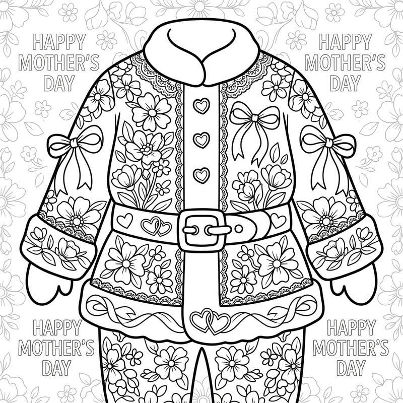Celebrate Mother's Day with this charming coloring page featuring Santa's suit adorned with intricate floral patterns, lace, and loving hearts. It's a unique blend of festive fun and heartfelt appreciation, perfect for gifting to Mom.