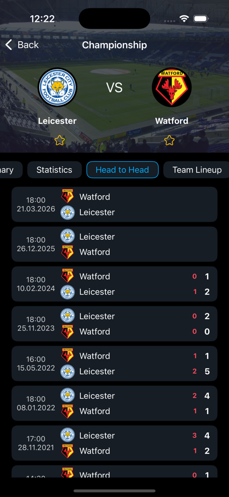 Which Win app head to head soccer match history screen