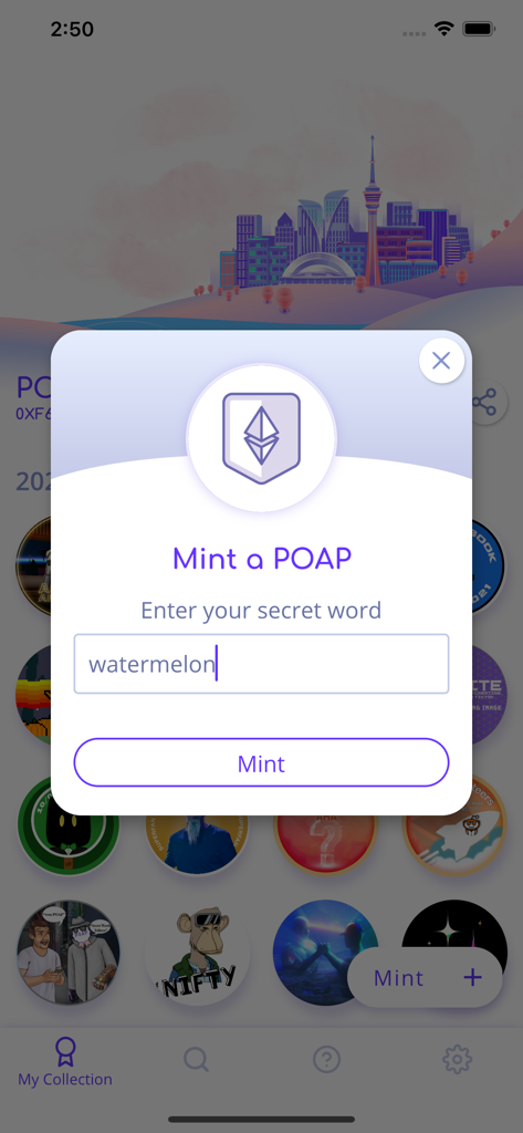 POAP mobile app interface showing a popup to mint a new digital badge by entering a secret word.