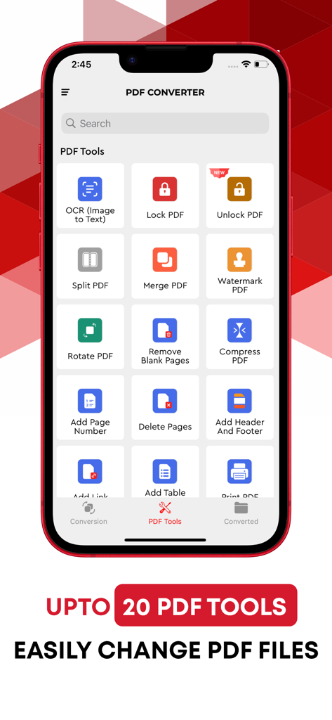 Convert PDF to Word. - A mobile app interface displaying various PDF editing tools like OCR, Lock PDF, Merge, and Split functions