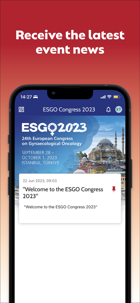 ESGO Gynae Oncology Events app news feed interface showing a welcome message for the 2023 congress