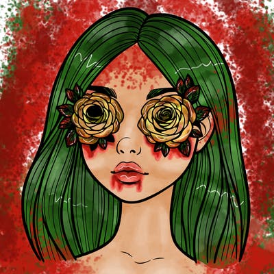 a realistic girl with roses for eyes