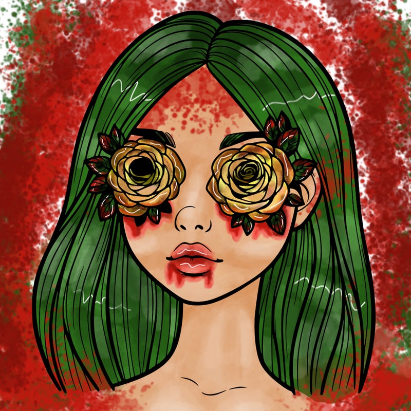 a realistic girl with roses for eyes