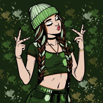 realistic teenage girl with braids and a beanie and crop top doing 🫶🏼