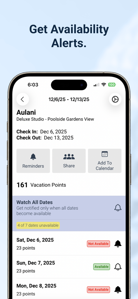 DVC Toolkit app interface showing availability alerts and vacation point details for a Disney resort booking