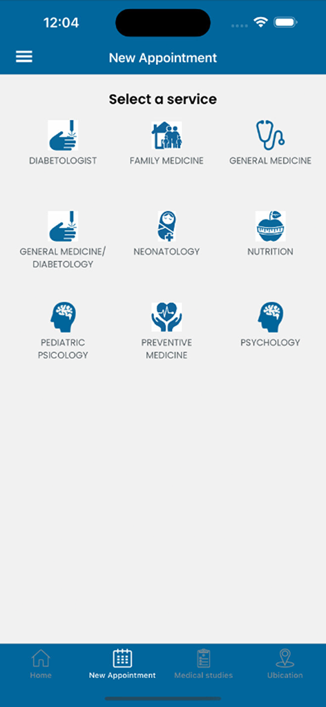 SIMNSA app screen for selecting a medical service to schedule a new appointment