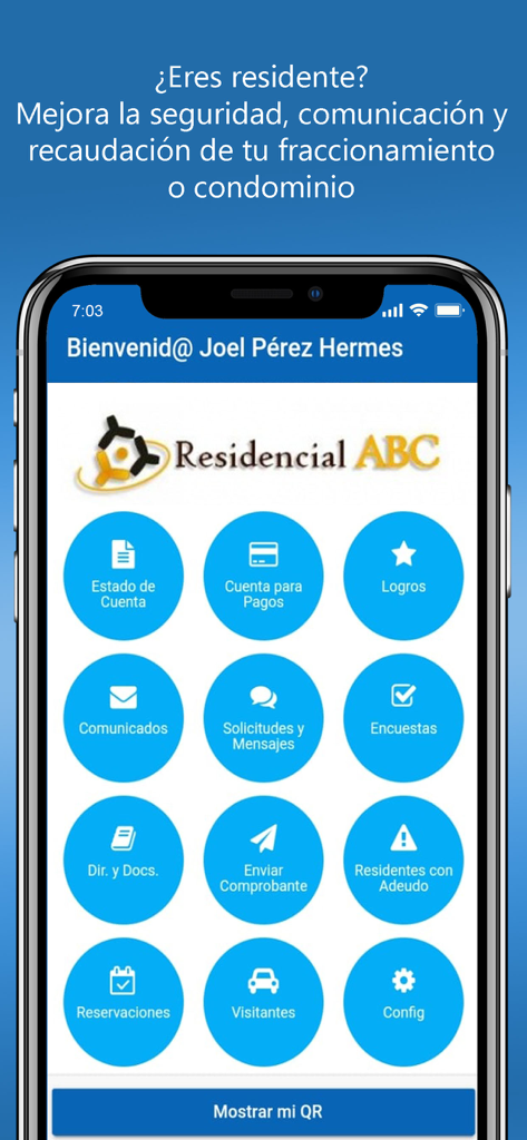 Residentia - Menu principale dell'app Residentia con icone per lo stato dell'account, pagamenti, accesso visitatori e prenotazioni servizi.