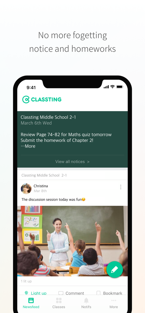 Classting mobile interface displaying school announcements and a class social feed