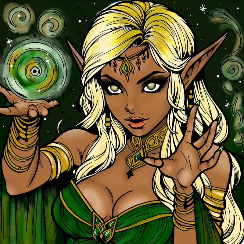 realistic scary beautiful elf sorceress casting spell