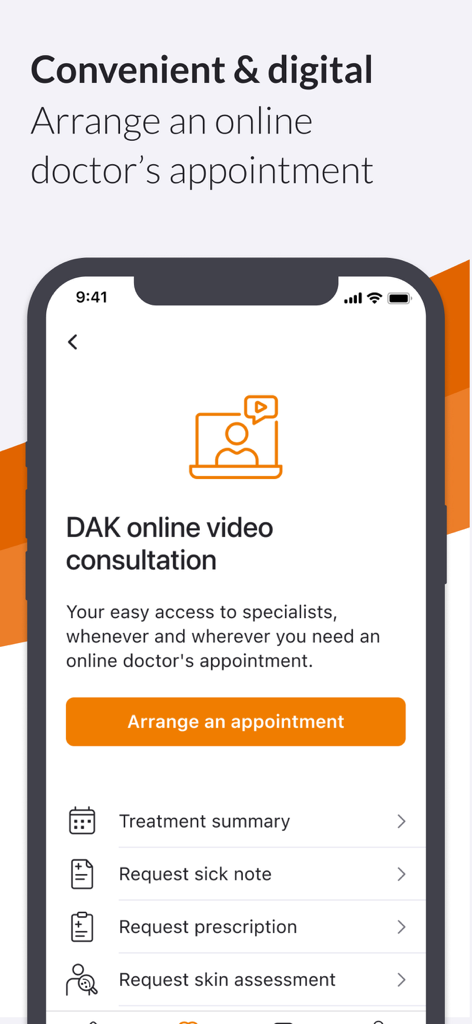 A screenshot of the DAK app displaying the online video consultation feature with options to arrange an appointment and request sick notes or prescriptions.