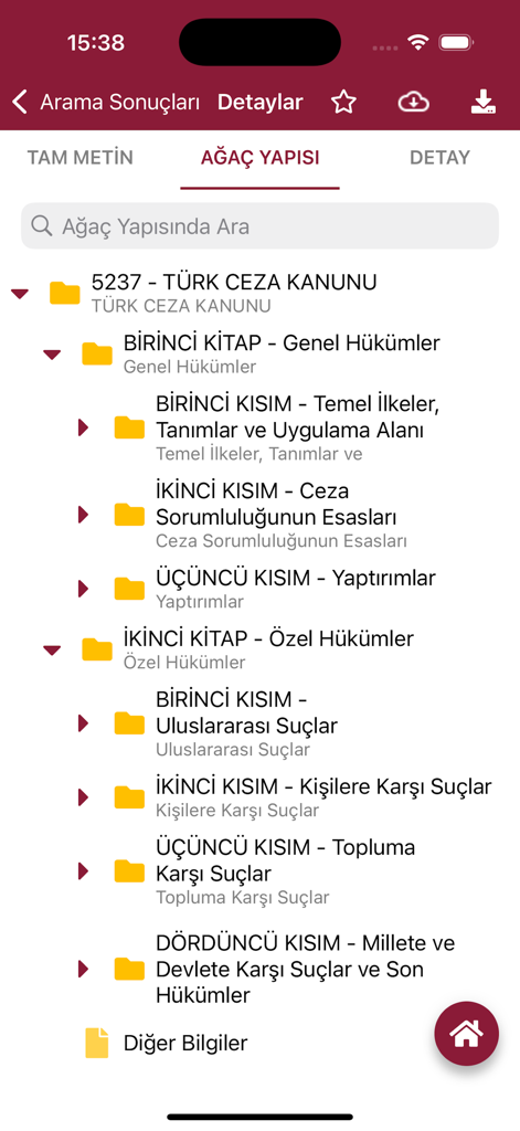 UYAP Mevzuat - UYAP Mevzuat法務アプリケーション内でのトルコ刑法セクションの階層ツリービュー