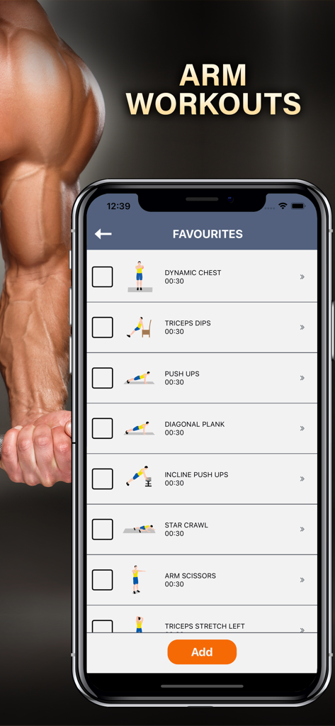 ArmWorkout Celebrity Challenge - Smartphone screen displaying a list of favorite arm exercises like triceps dips and push ups in the ArmWorkout Celebrity Challenge app.