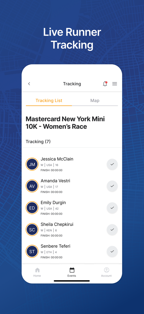 New York Road Runners - New York Road Runners app interface showing the live runner tracking list for the Women's 10K race