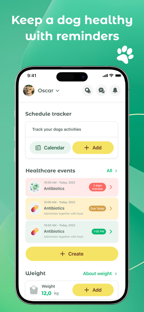 Interfaz de la aplicación Dogo que muestra recordatorios de eventos de salud y seguimiento de peso para un perro