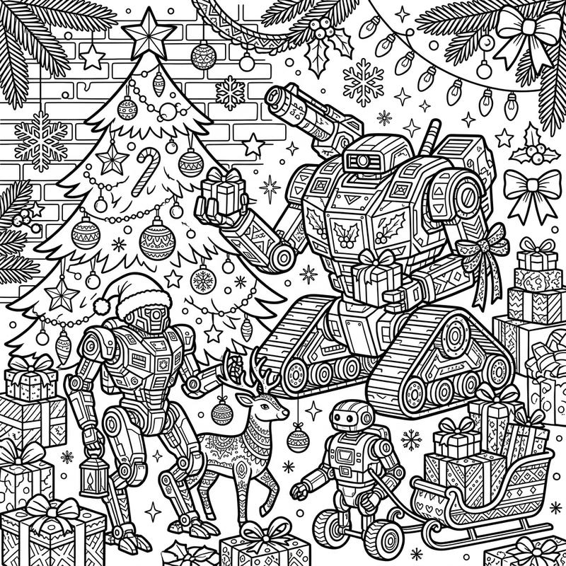 Dive into a truly unique holiday experience with this Military Robots Christmas coloring page. Combine the thrill of advanced machinery with the warmth and joy of the festive season in one intricate design.