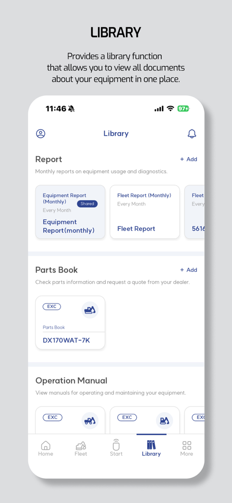 MY DEVELON - My Develon app library interface showing sections for equipment reports, parts books, and operation manuals.