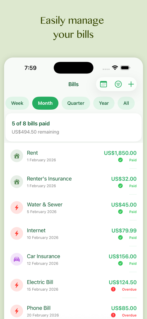Oberfläche der Budget Planner App, die eine Liste monatlicher Rechnungen mit Statusanzeigen für bezahlt und überfällig zeigt.