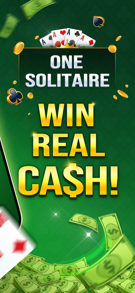 Solitaire Lucky Win Cash - Gráfico promocional para la aplicación Solitaire Lucky Win Cash con el texto One Solitaire Win Real Cash con billetes cayendo y monedas de oro sobre un fondo verde.