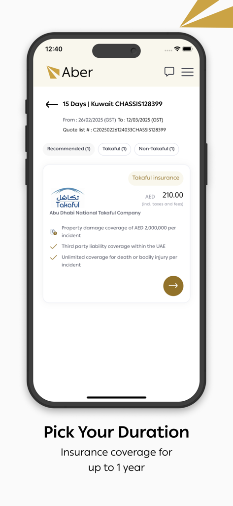 UAE Aber app interface showing vehicle insurance duration selection and Takaful policy quote for cross-border travel