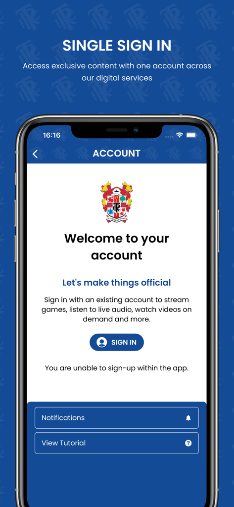 Tranmere Rovers FC - Página de login da conta do aplicativo oficial do Tranmere Rovers FC para acessar conteúdo exclusivo para fãs e streaming de jogos