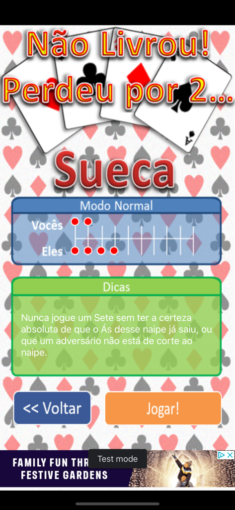 Sueca Portuguesa card game screen showing a loss message, score tracker in normal mode, and strategy tips.