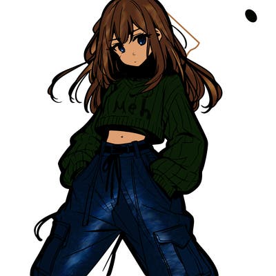 anime teen girl with baggy pants and crop top with sweater