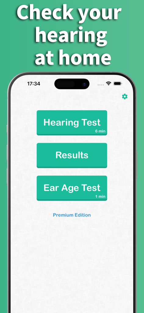 Main menu of the Hearing Test and Ear Age Test app showing options for a 6-minute hearing test and a 1-minute ear age test