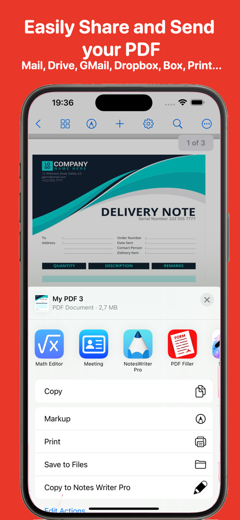 Mobile app interface showing sharing and export options for a PDF delivery note