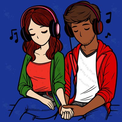 man holding hands with his girlfriend, listening to music
