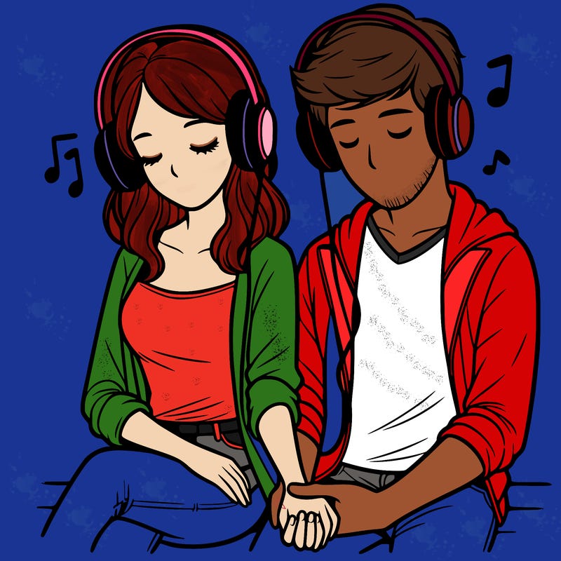 man holding hands with his girlfriend, listening to music