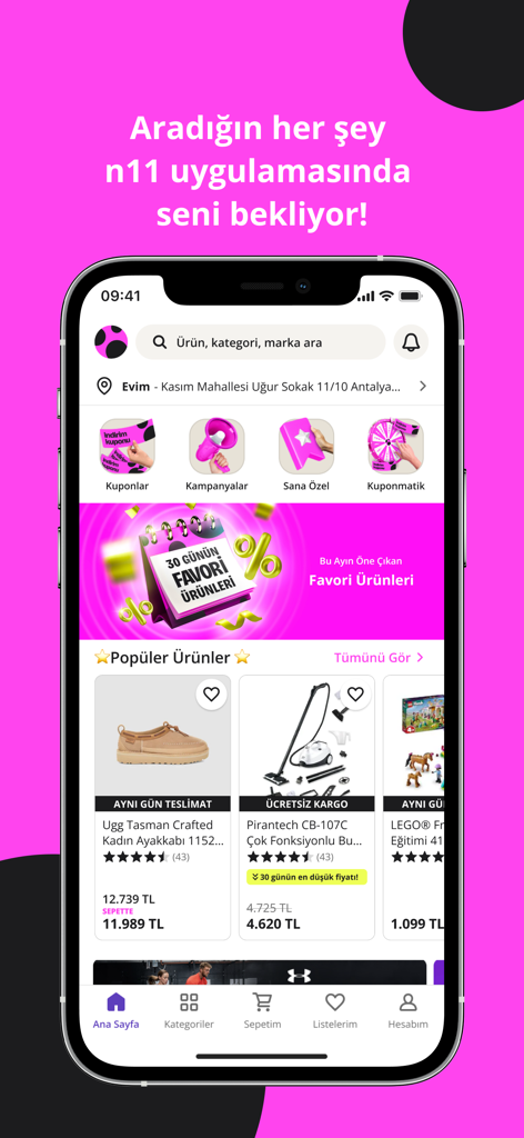Home screen of the n11 online shopping app displaying popular products and daily deals on a pink background