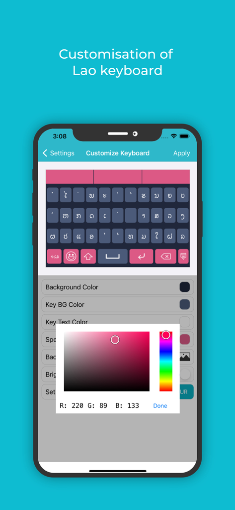 Lao Keyboard: Translator - Captura de pantalla de la aplicación Lao Keyboard que muestra la configuración de personalización con un selector de color rosa para temas y fondos