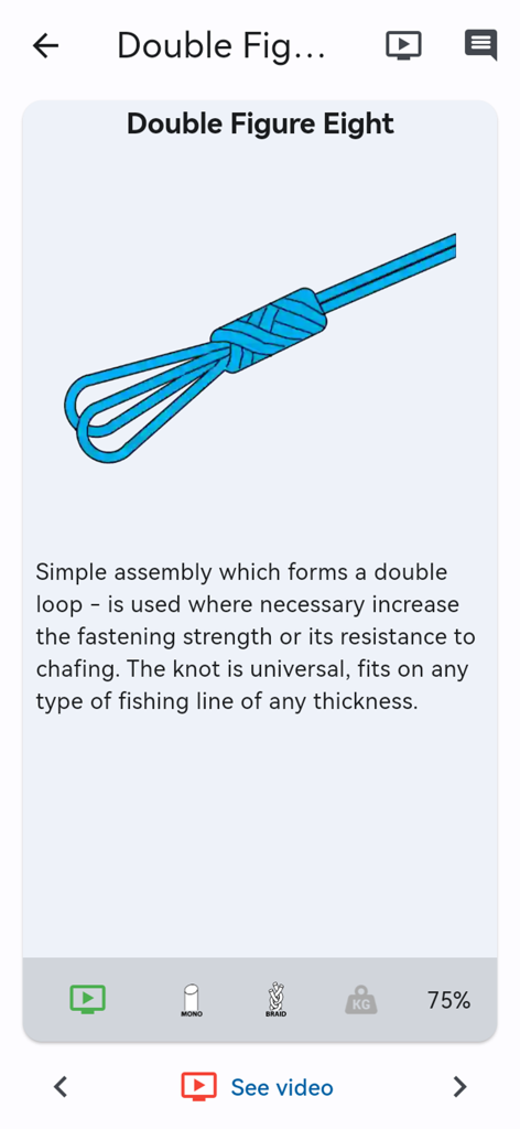 A diagram and description of the Double Figure Eight fishing knot in the Fishing Knots app.