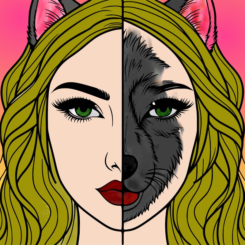 split face realistic woman and wolf