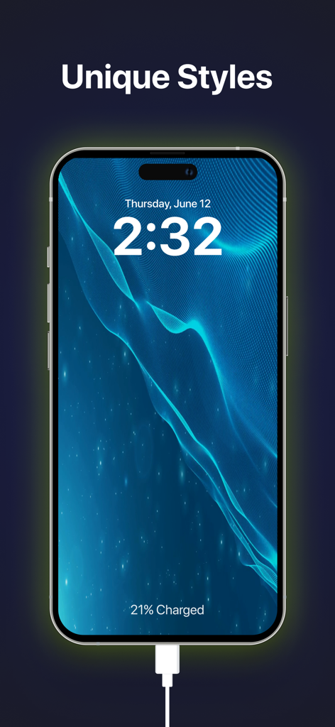 iPhone screen displaying a blue wavy charging animation from the Charge Frame app