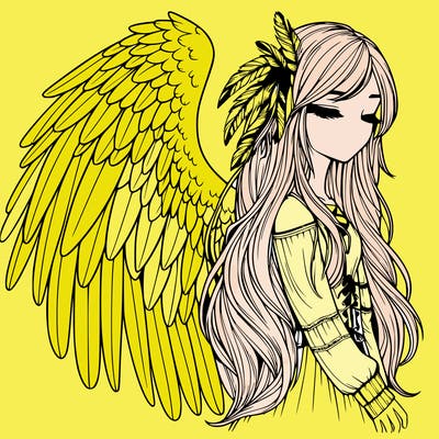 realistic girl with bird wings and some feathers in her hair