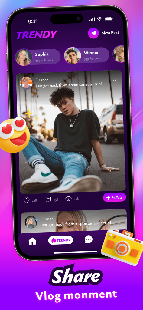 Toggy：Meet & Video Chat，Share - 토기 모바일 앱 인터페이스는 브이로그 게시물 및 사용자 프로필이 있는 소셜 피드를 보여줍니다.
