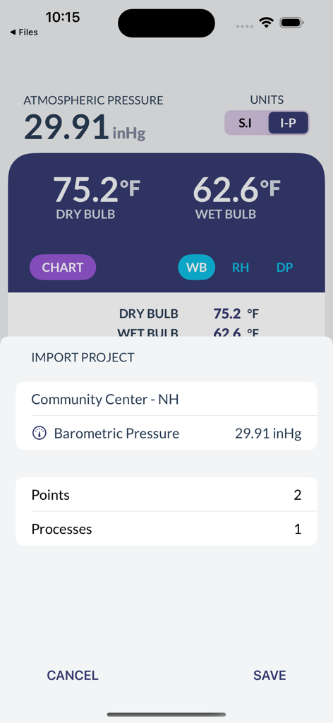 The import project interface of the Psychrometrics app displaying project details and atmospheric pressure