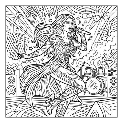 Experience the thrill of the stage with this Performance Self-Portrait coloring page, depicting a powerful singer in action. Bring this dynamic concert scene to life with your favorite colors and artistic flair.