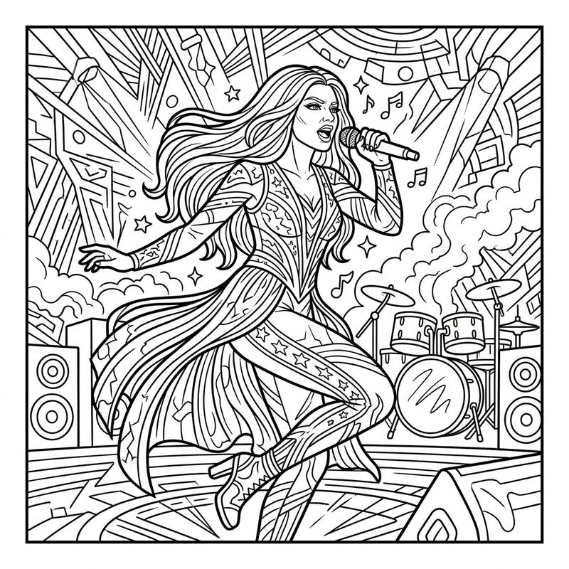 Experience the thrill of the stage with this Performance Self-Portrait coloring page, depicting a powerful singer in action. Bring this dynamic concert scene to life with your favorite colors and artistic flair.