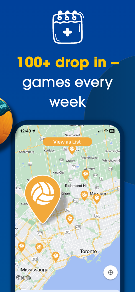 A mobile app interface showing a map of Toronto with numerous volleyball drop-in game locations marked by pins.